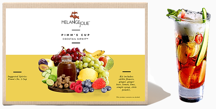 Mélange Jolie Pimm's Cup Cocktail SipKit™ with glass, bar spoon, cocktail sticks, and dehydrated fruits displayed elegantly.